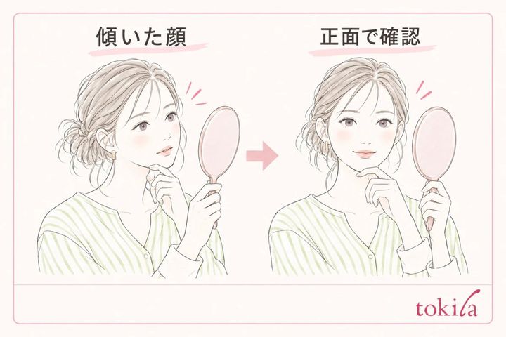 顔の傾きを戻し、正面の鏡で眉を確認する手順