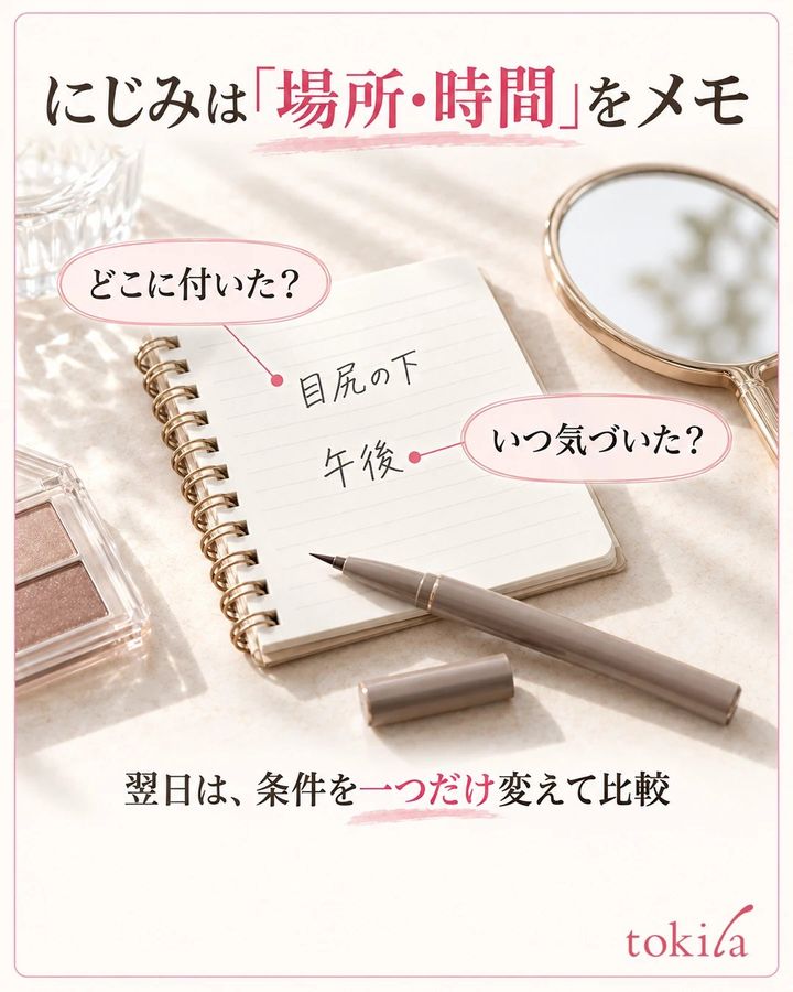 目尻の下・午後と短く記録したノートとアイライナーの写真形式の図