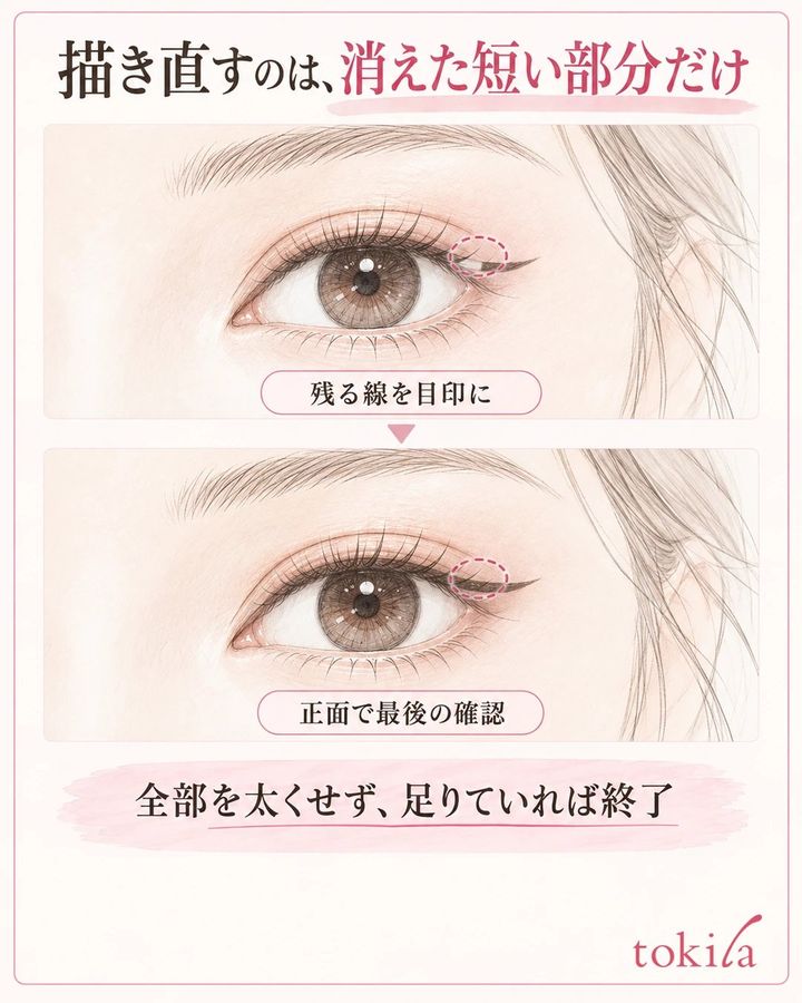 同じ目元で消えた短いラインだけを補い、全体を太くしない手順図