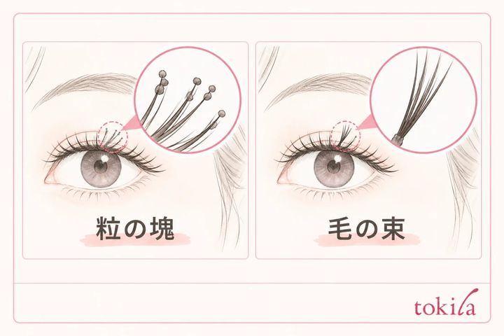 毛先の粒状の塊と複数のまつ毛がまとまった束の比較