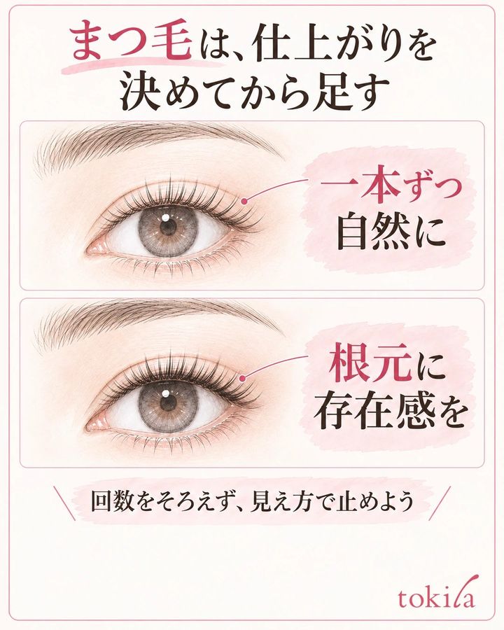 同じ目元で、自然に分かれた仕上がりと根元を強めた仕上がりを比較