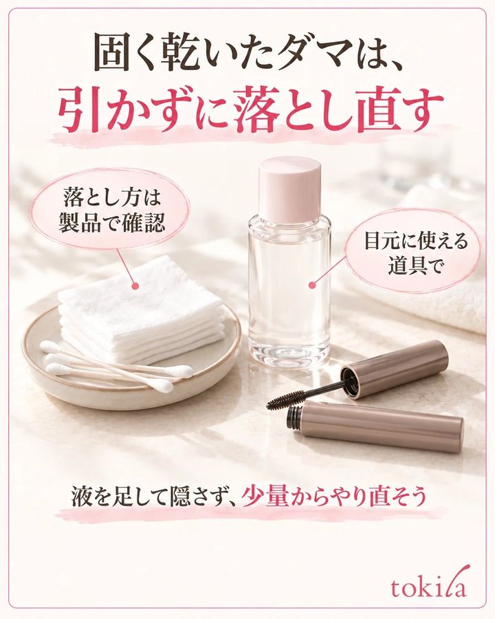固くなったダマを落とし直すための無印リムーバーと清潔なコットンの写真形式の図