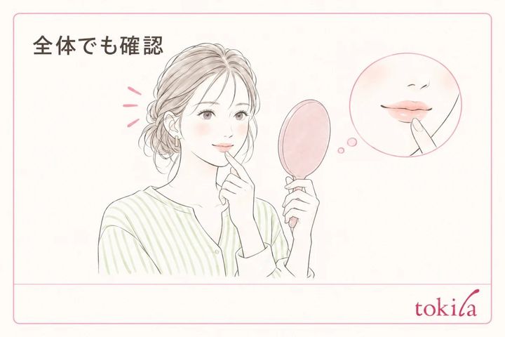 口元と顔全体の両方を鏡で見る図