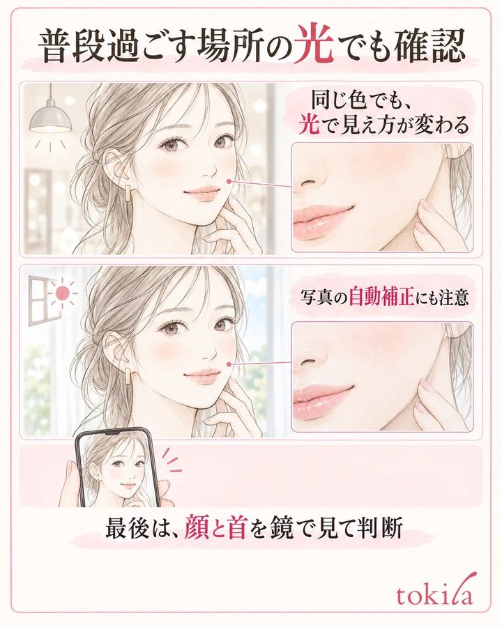 同じメイクを店内照明と日中の室内光で確認し、写真補正だけで判断しないことを示す図