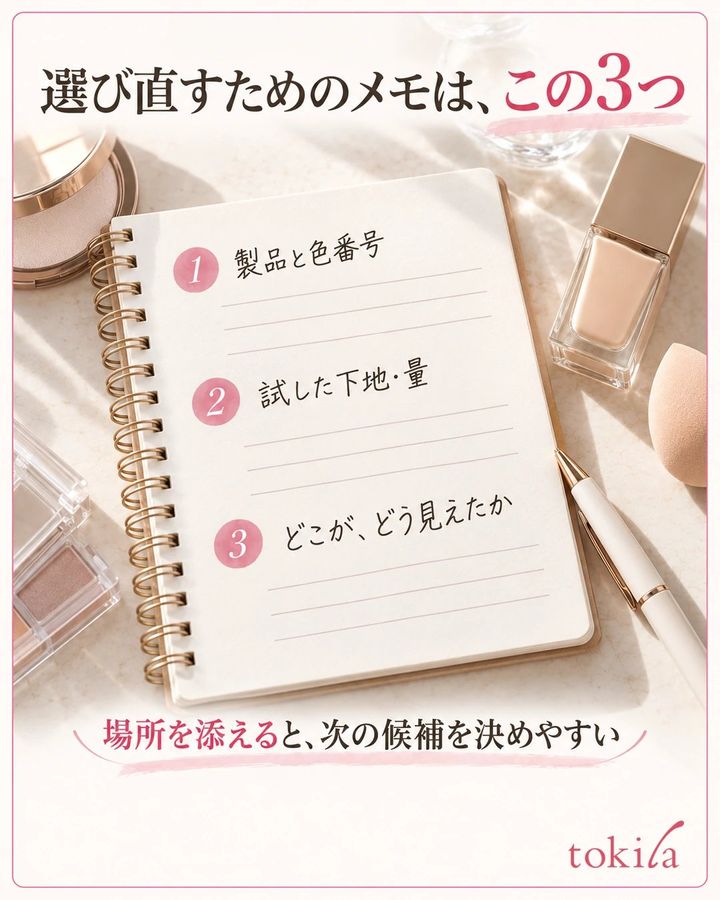 製品と色番号・試した条件・見え方の3項目を記録するノートの写真形式の図