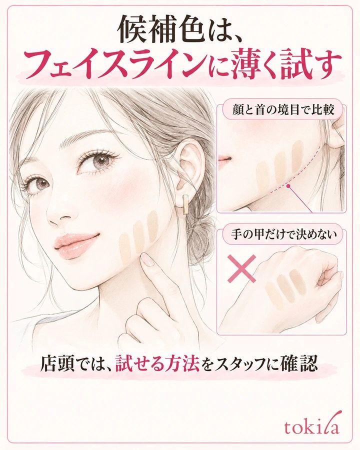 フェイスラインの候補色と首とのつながりを確認する位置の図