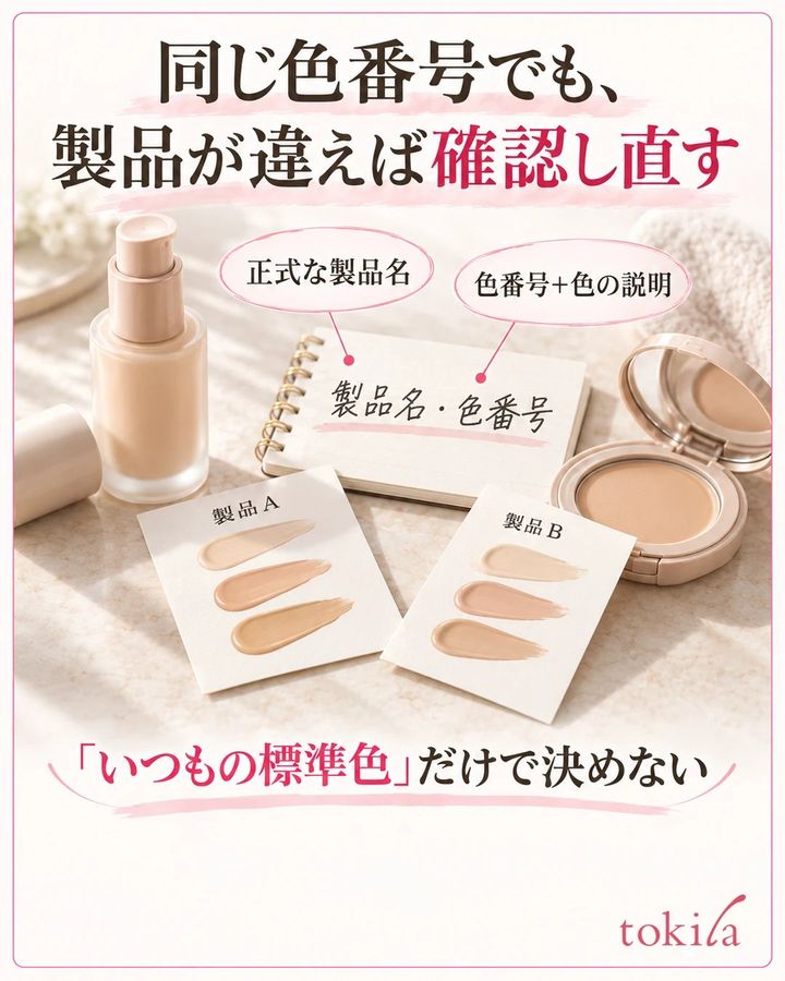 形状の異なる無印ファンデーションと色見本を並べ、製品名と色の説明を確認する写真形式の図
