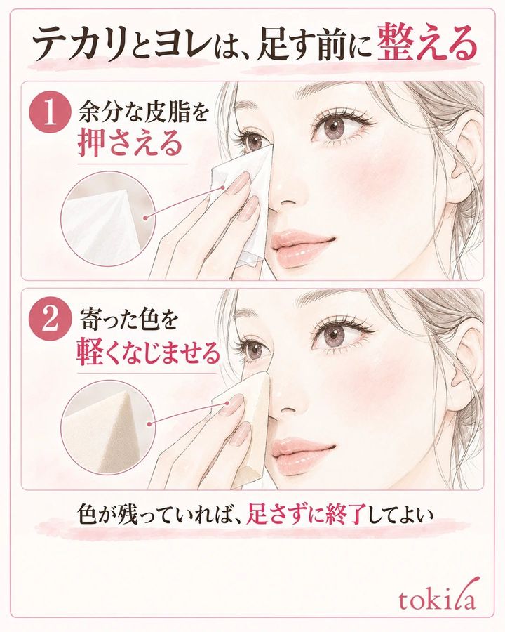 ティッシュで小鼻の皮脂を押さえ、次にスポンジの清潔な面でヨレを整える2段階の図