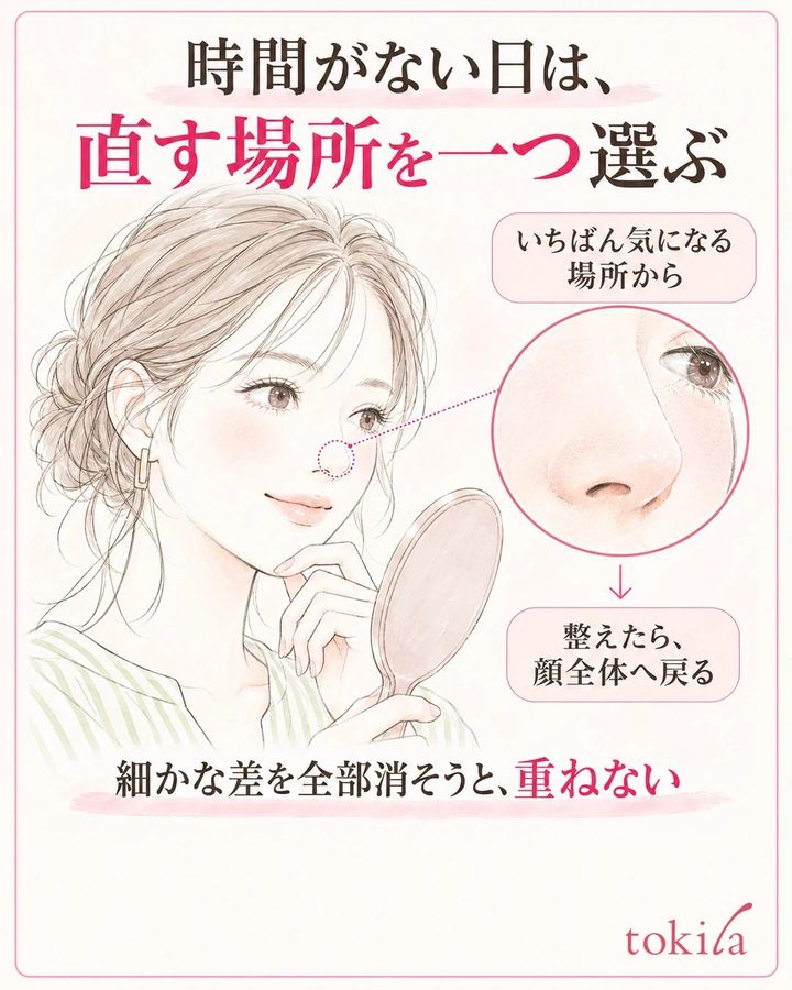 鏡で顔全体を見て、最初に直す小鼻の一部分を選ぶ図