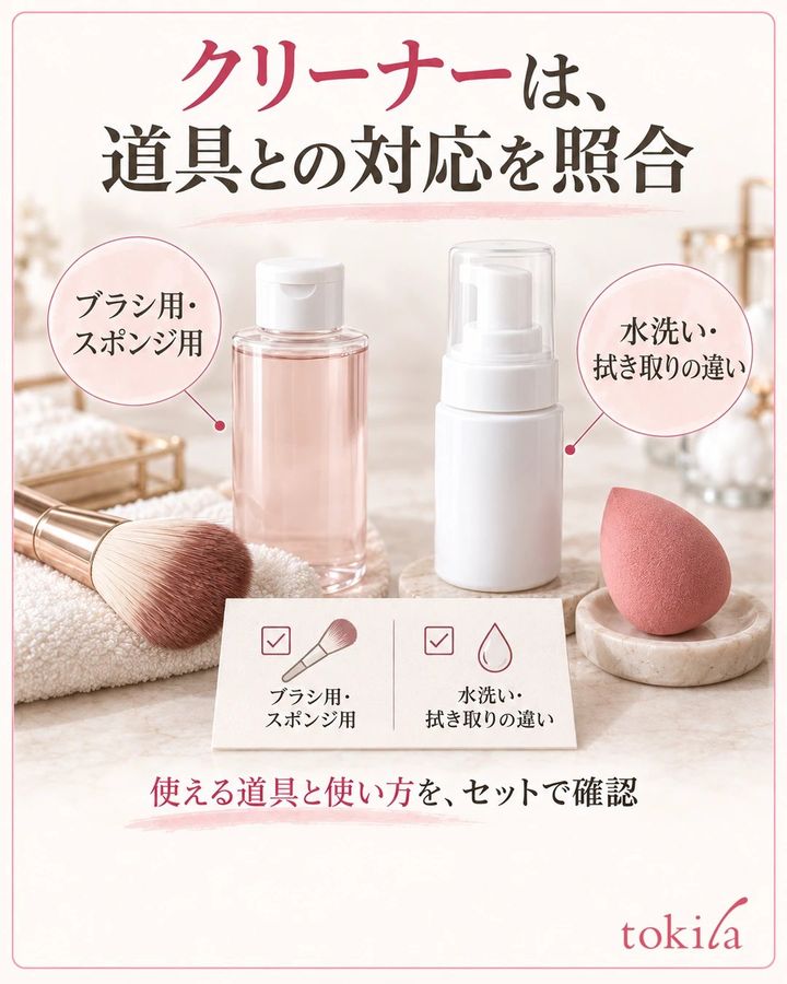 ブラシとスポンジそれぞれに対応するクリーナーと使い方を照合する図