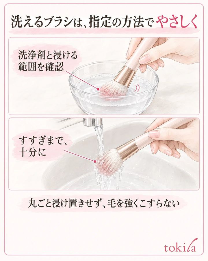洗えるブラシの毛先をやさしく洗い、十分にすすぐ図