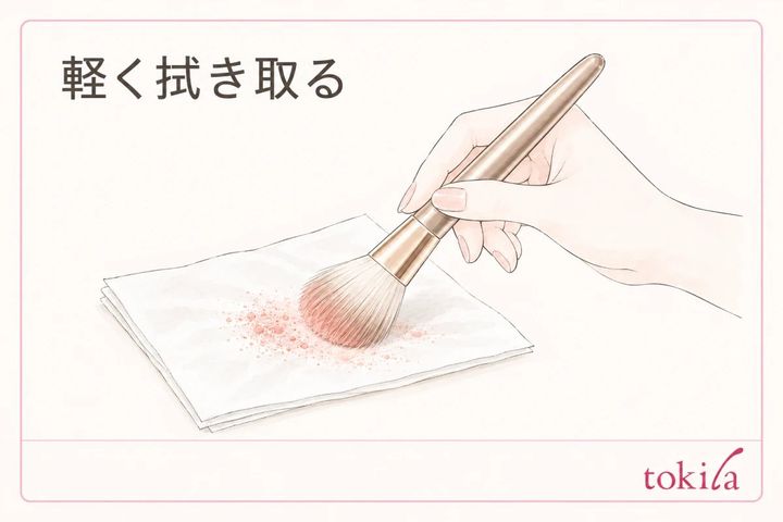 使ったブラシの毛先をティッシュへ軽く沿わせる図