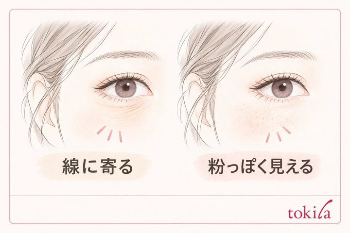 目の下の線に寄る色と粉っぽいムラを分ける模式図