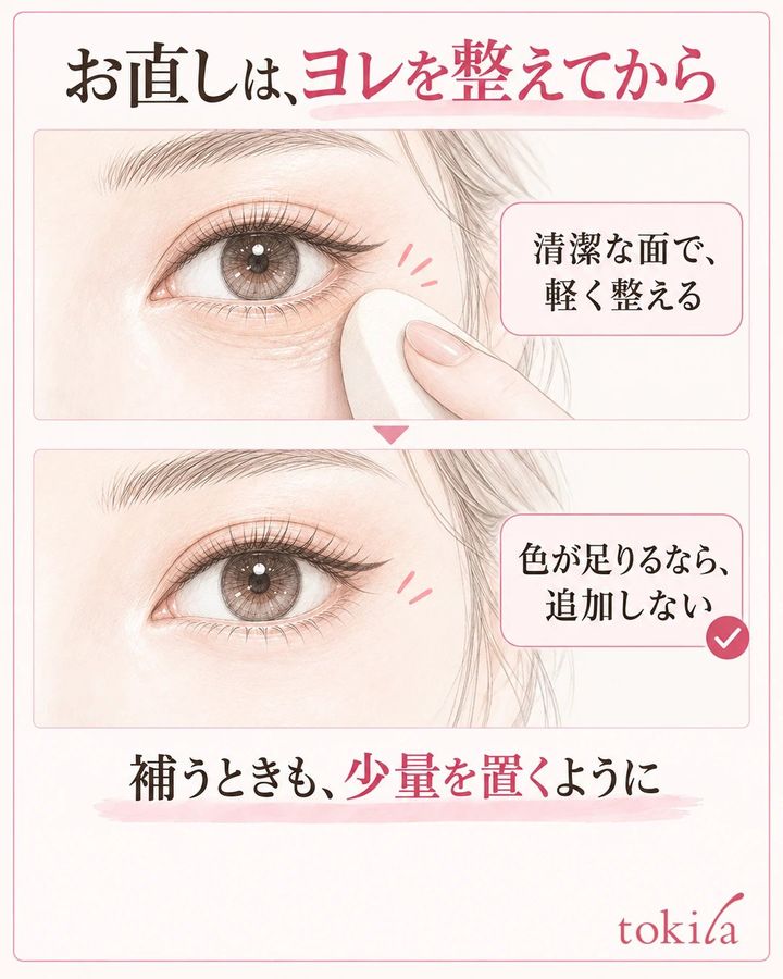 清潔なスポンジで目の下のヨレを整え、カバーが残れば追加せず終える図