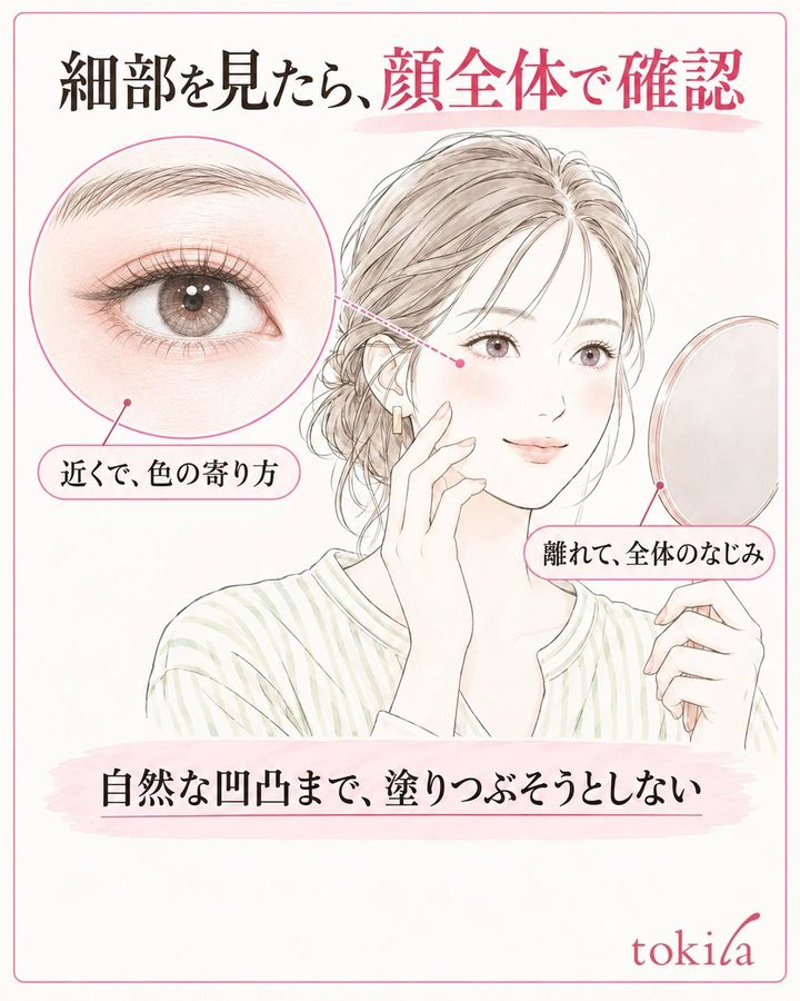 目の下の細部を見た後、自然な表情で顔全体を確認する図