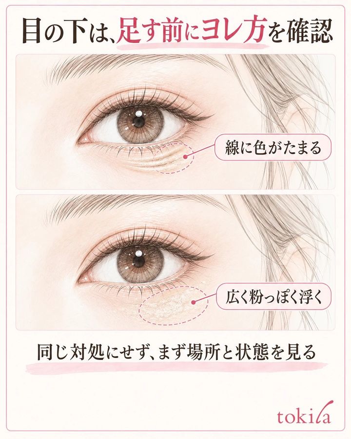 目の下の線に色がたまる状態と粉っぽく浮く状態を分けて示す図