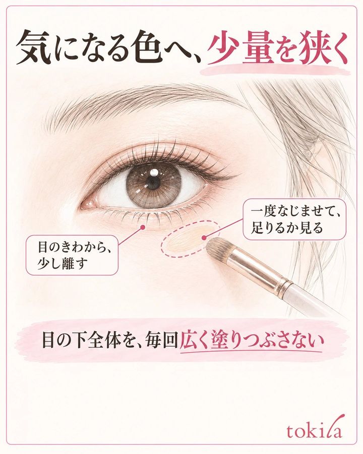 下まぶたのきわから少し離れた気になる部分へ少量のコンシーラーをのせる図