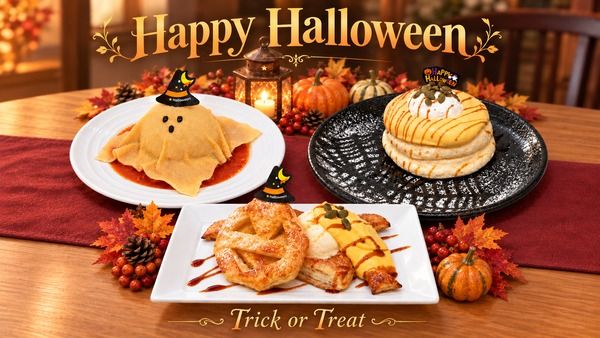 高倉町珈琲のハロウィンフェア！かぼちゃクリームのパンケーキやおばけのリゾットも