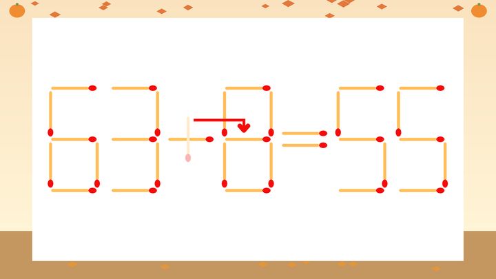 【マッチ棒クイズ】1本だけ動かして正しい式に：63+0=55？の解答画像
