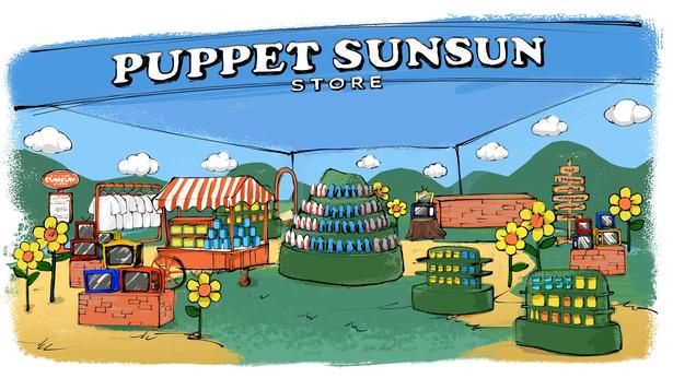 「PUPPET SUNSUN STORE」の店舗イメージ図。トゥーホックの高原をモチーフにした空間に、ぬいぐるみやアパレルの売り場が広がる