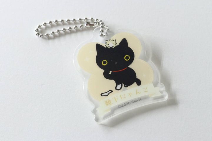 靴下にゃんこのアクリルキーチェーンが白い背景に置かれている