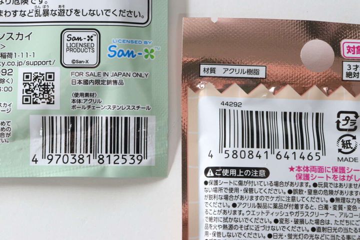 サンエックスのアクリルキーチェーンとアクリルブロックのパッケージ裏面がクローズアップされている