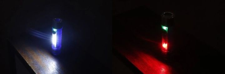 LEDライトをランタンモードで使用し、通常モードとSOSモードで点灯している様子
