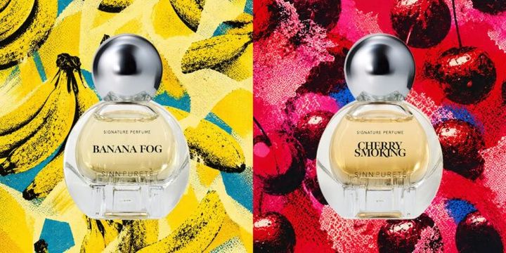 バナナ柄とチェリー柄を背景に、BANANA FOGとCHERRY SMOKINGのボトルが並ぶ
