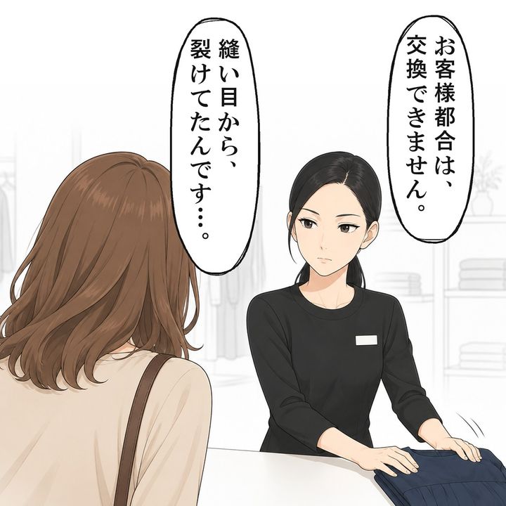 縫い目の不良だと伝えても、店員は決まりだと繰り返しました