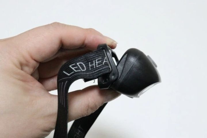 手のひらで持たれた黒いヘッドライト。バンド部分に「LED HEADLIGHT」の文字が見える。