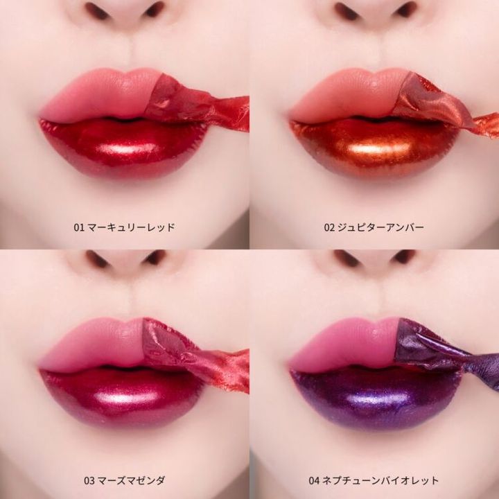 01〜04の4色を唇にのせ、剥がす様子を並べた見本写真