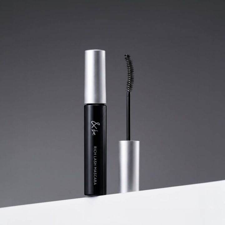 黒いボトルとブラシが並ぶ『＆be リッチラッシュマスカラ』