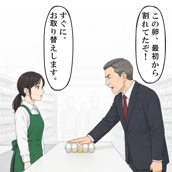 会計を済ませた男性客が、割れた卵をサービスカウンターへ持ってきました