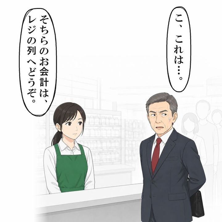 言い返せない男性に、新しい卵を購入するならレジへ並ぶよう告げました