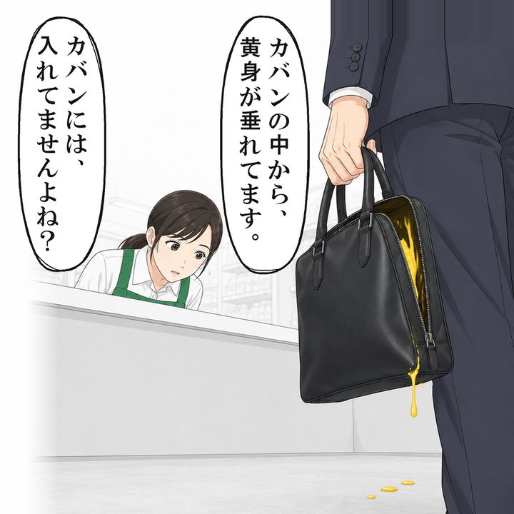 男性のカバンの中から、卵の黄身が垂れていました