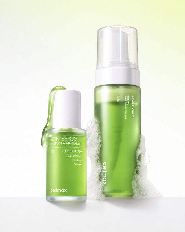 緑色のボトルが並ぶ、celimax リアルノニ ハイドレイティングセラムとバブルクレンザー