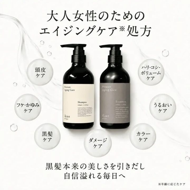シャンプーとトリートメントのボトルを中央に、頭皮ケアやうるおいなど6つのケアの視点を並べた図