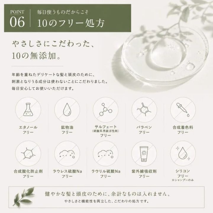 エタノールや鉱物油、サルフェートなど、10のフリー処方の項目を並べた図