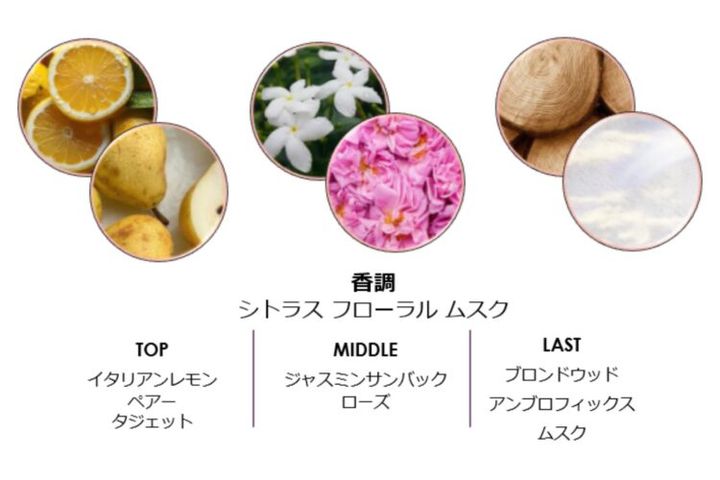 レモン、ジャスミン、ローズなどの素材写真と、シトラス フローラル ムスクの香調を示した図