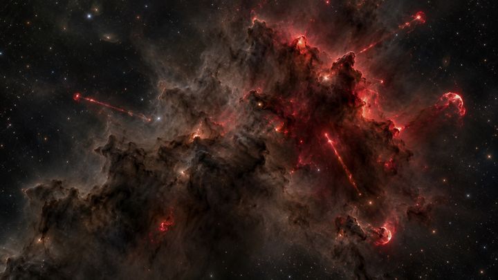 右側の赤い雲には、もっと幼い星たちが隠れていた