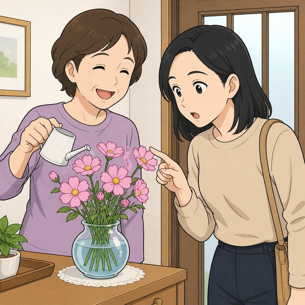 ^_^様　もらった花2 玄関のお花、ほんとに長持ちするのよ」2年間毎朝水を替えた母。だが