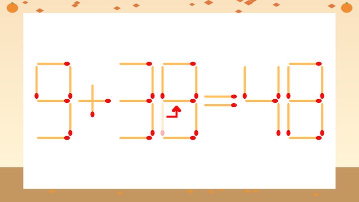 【マッチ棒クイズ】1本だけ動かして正しい式に：9+30=48？の解答画像