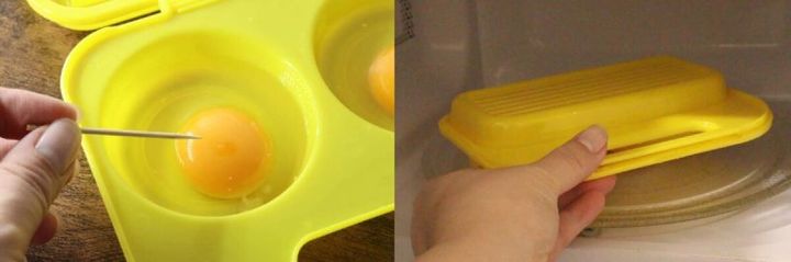 左：黄色い調理器に入れた卵の黄身につまようじで穴を開けている手元。右：蓋を閉めた調理器を電子レンジに入れている手元