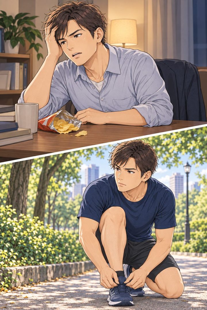 仕事に疲れた男性がジョギングを始める様子を描いた漫画