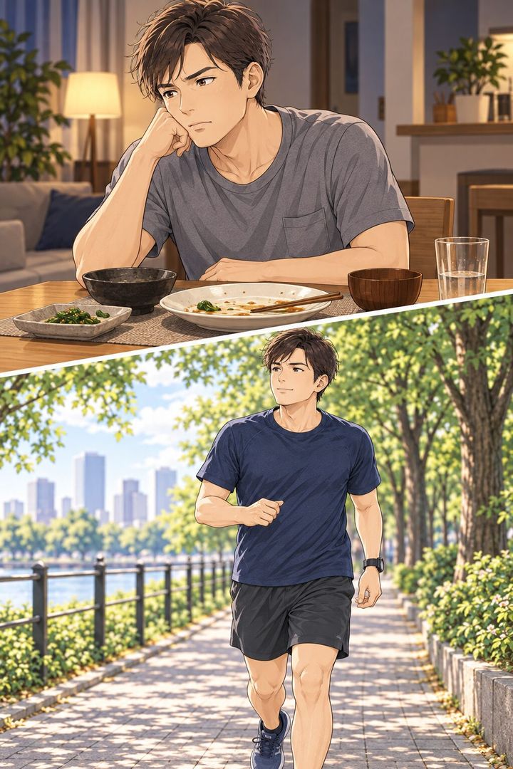 現在の食事と休日の緩やかな運動を描いた漫画
