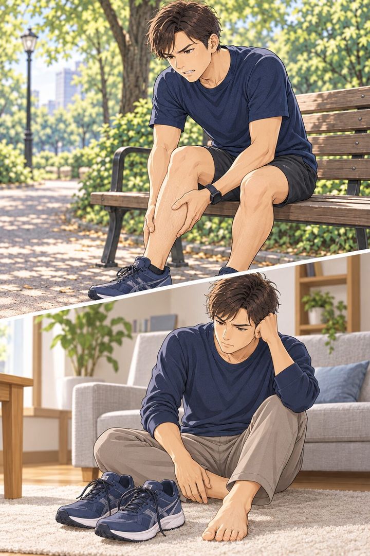 足を痛めて走れず、もどかしさを感じる男性を描いた漫画