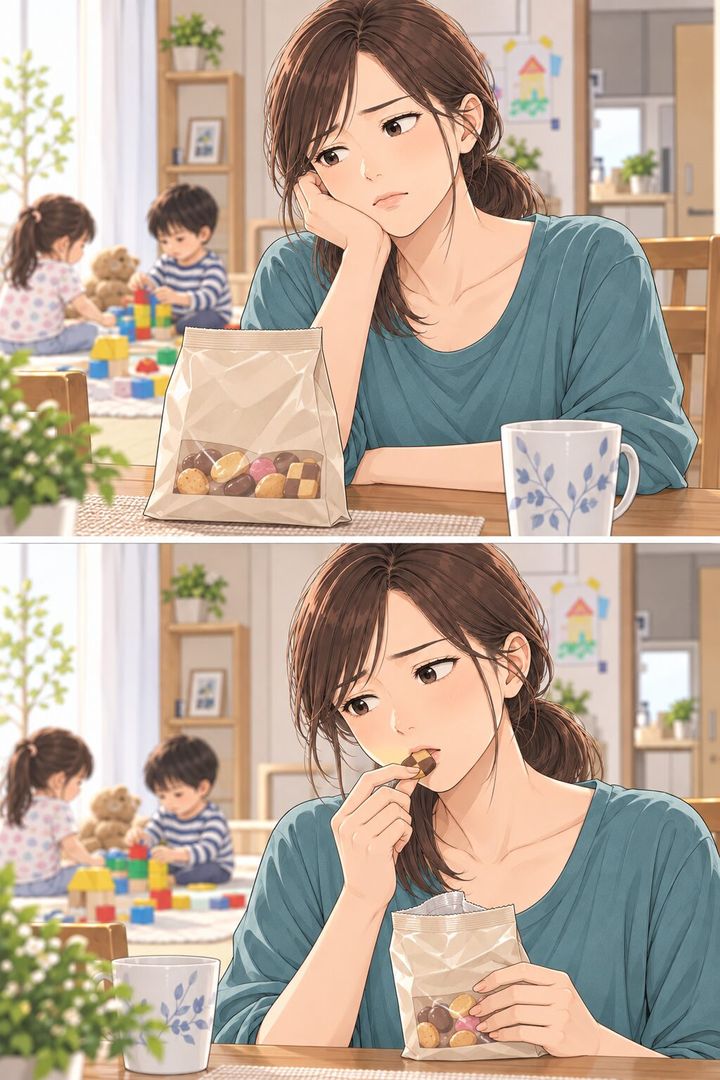 育児の合間に菓子へ手を伸ばす女性を描いた漫画