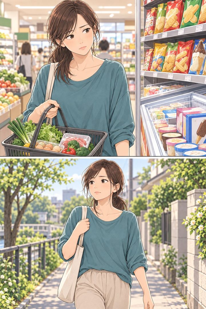 買い物中に菓子を買わずに帰る女性を描いた漫画
