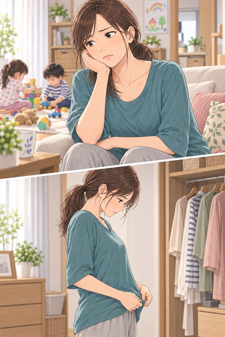産後の家庭で自分の変化を考える女性を描いた漫画