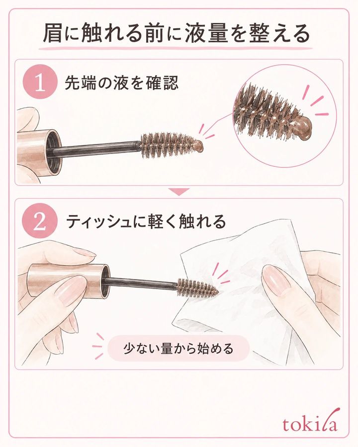 眉マスカラのブラシ先端の液を確認し、ティッシュで余分な液を軽く調整する手順